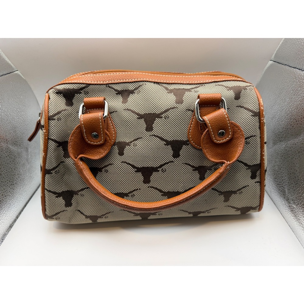 Texas Longhorns Canvas Satchel Bowler Bag Cream Brown Logo Print 10x8
